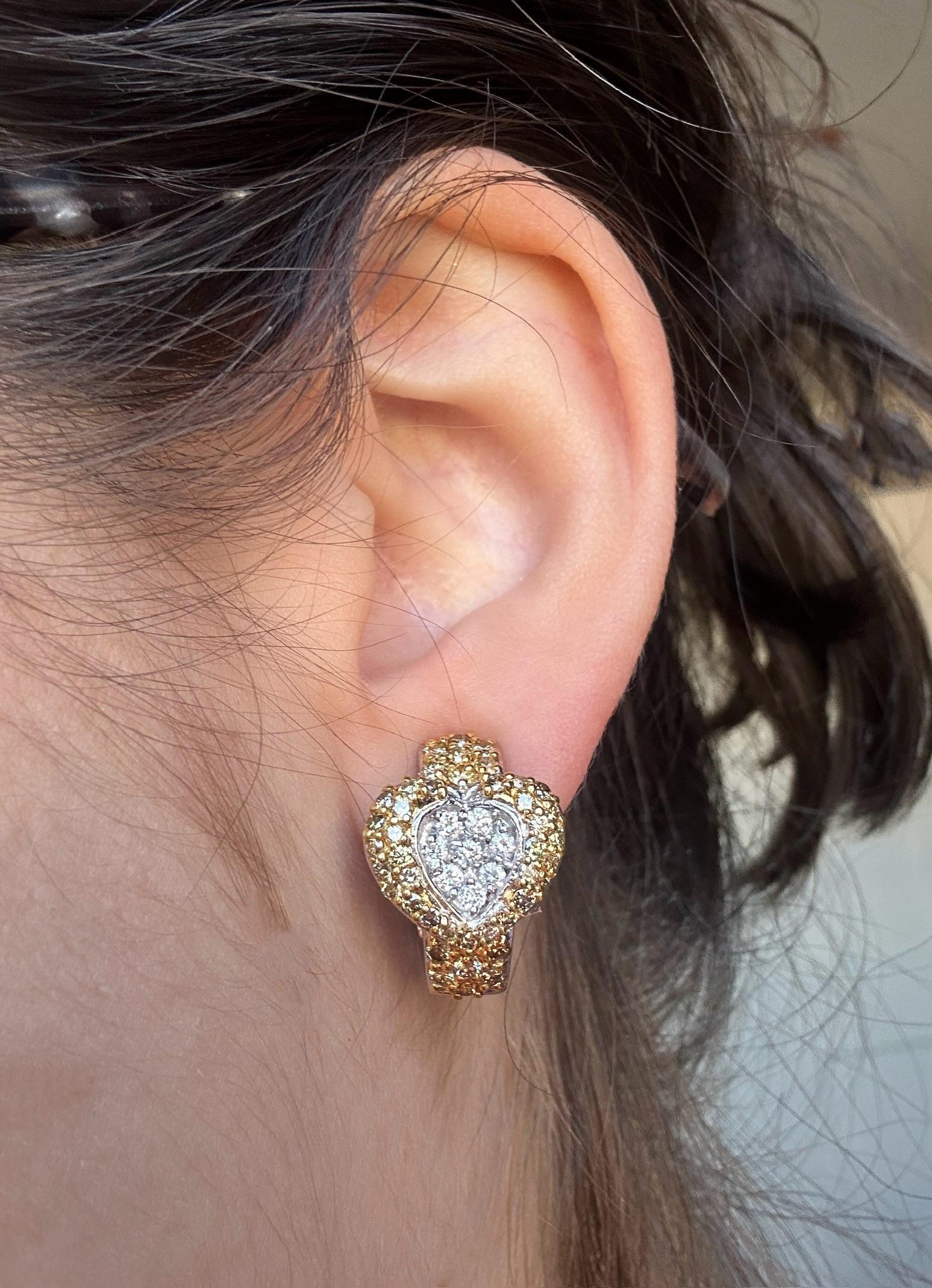 Women's 18k White and Yellow Diamond Heart Earrings For Sale