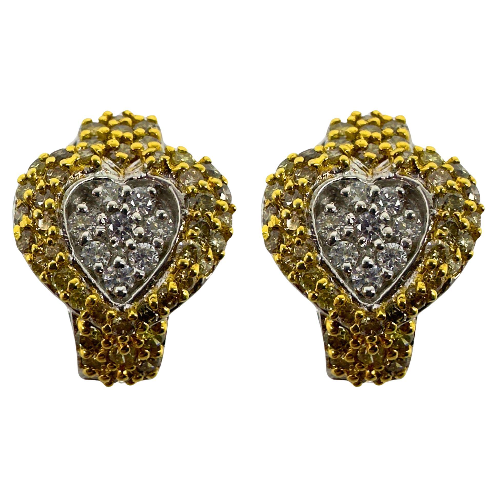 18k White and Yellow Diamond Heart Earrings For Sale