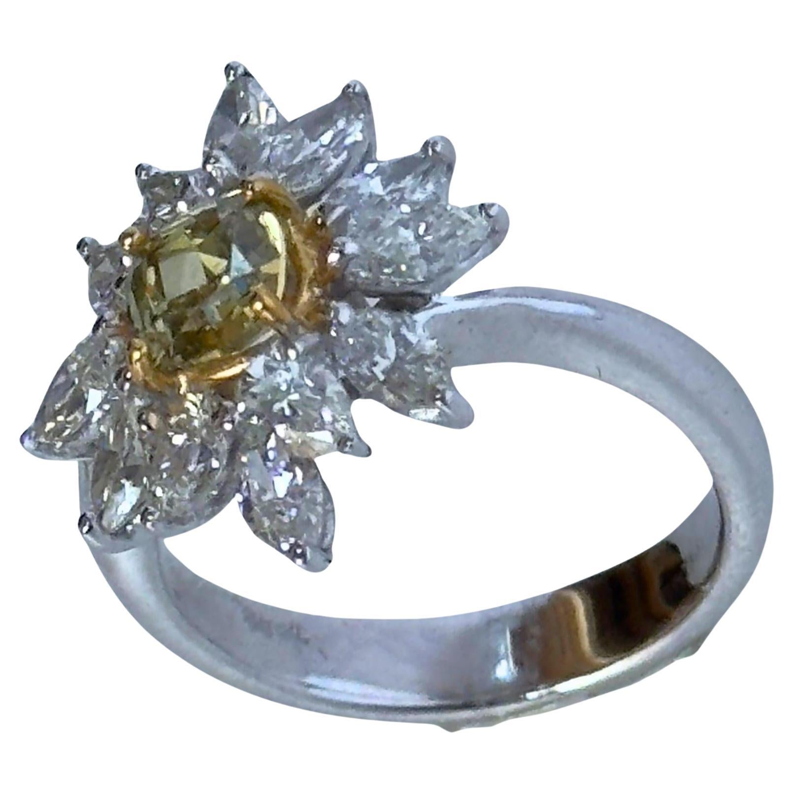 Esalta il tuo stile lussuoso con il nostro anello con diamanti bianchi e gialli a 18 carati. Con uno splendido diamante giallo da 0,78 carati al centro e 1,63 carati di diamanti bianchi intorno, questo anello emana eleganza e raffinatezza.