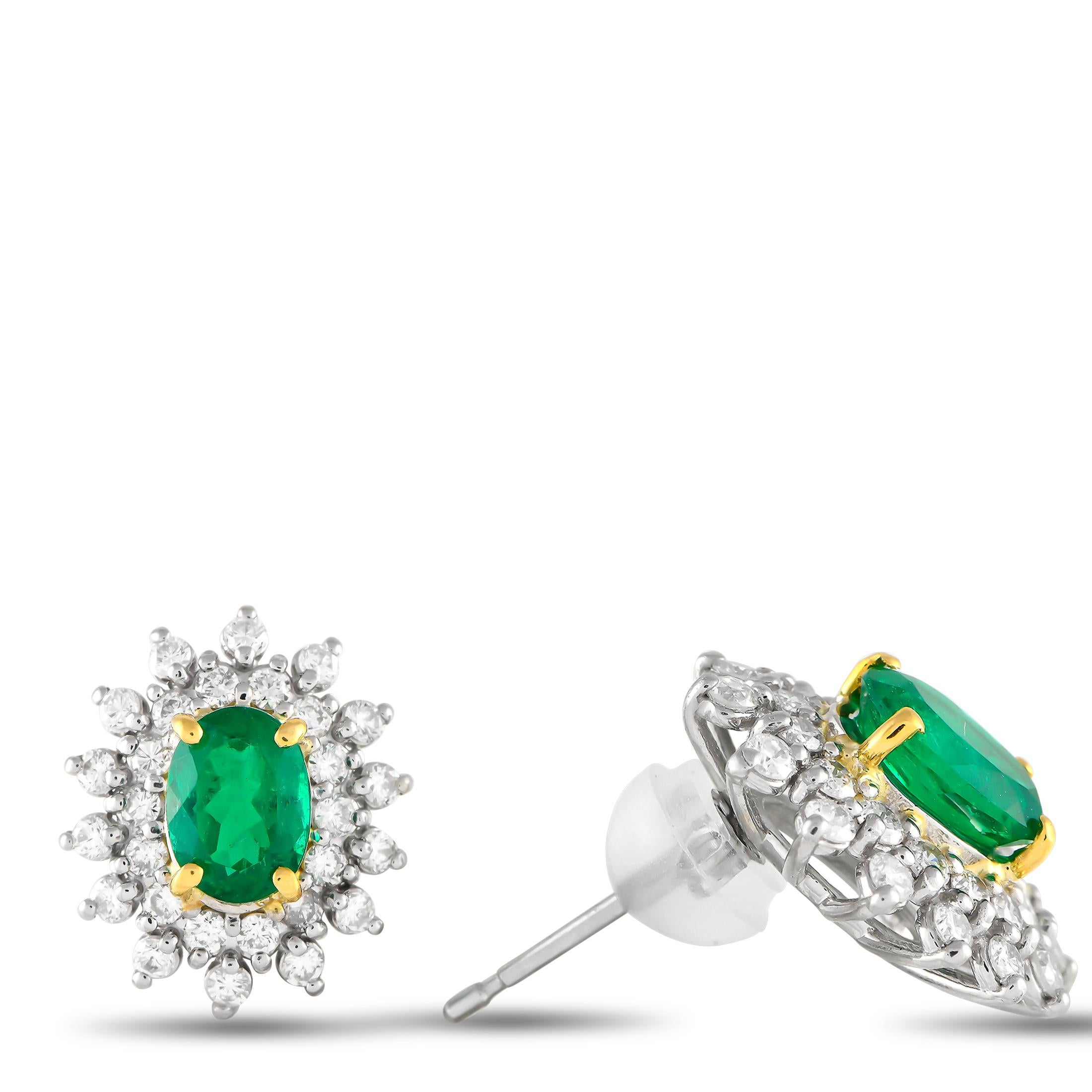These earrings are ready to provide a sophisticated splash of color and sparkle to your outfits. Each earring features an oval emerald center stone secured by yellow gold prongs. The richness of the green gem is enhanced by the icy white brilliance