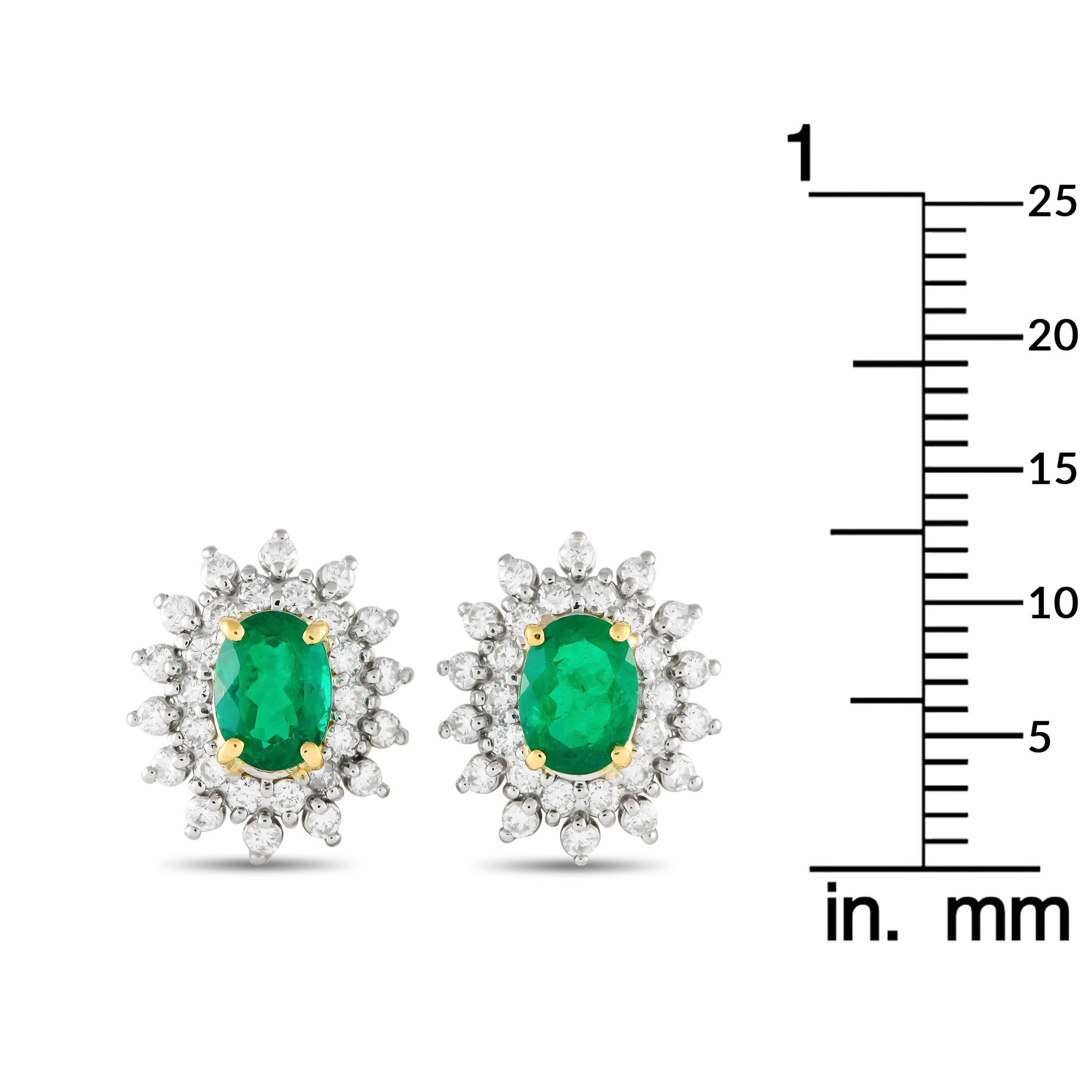Round Cut 18K White and Yellow Gold 0.80ct Diamond and Emerald Halo Earrings  For Sale
