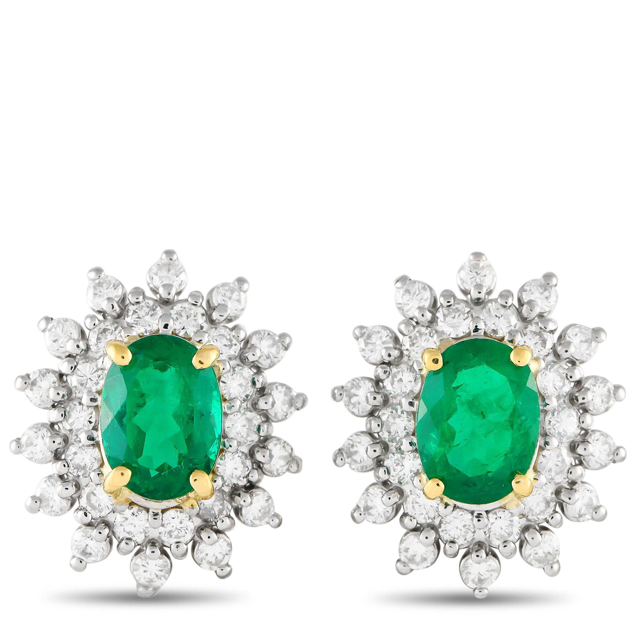 18K White and Yellow Gold 0.80ct Diamond and Emerald Halo Earrings  In Excellent Condition For Sale In Southampton, PA