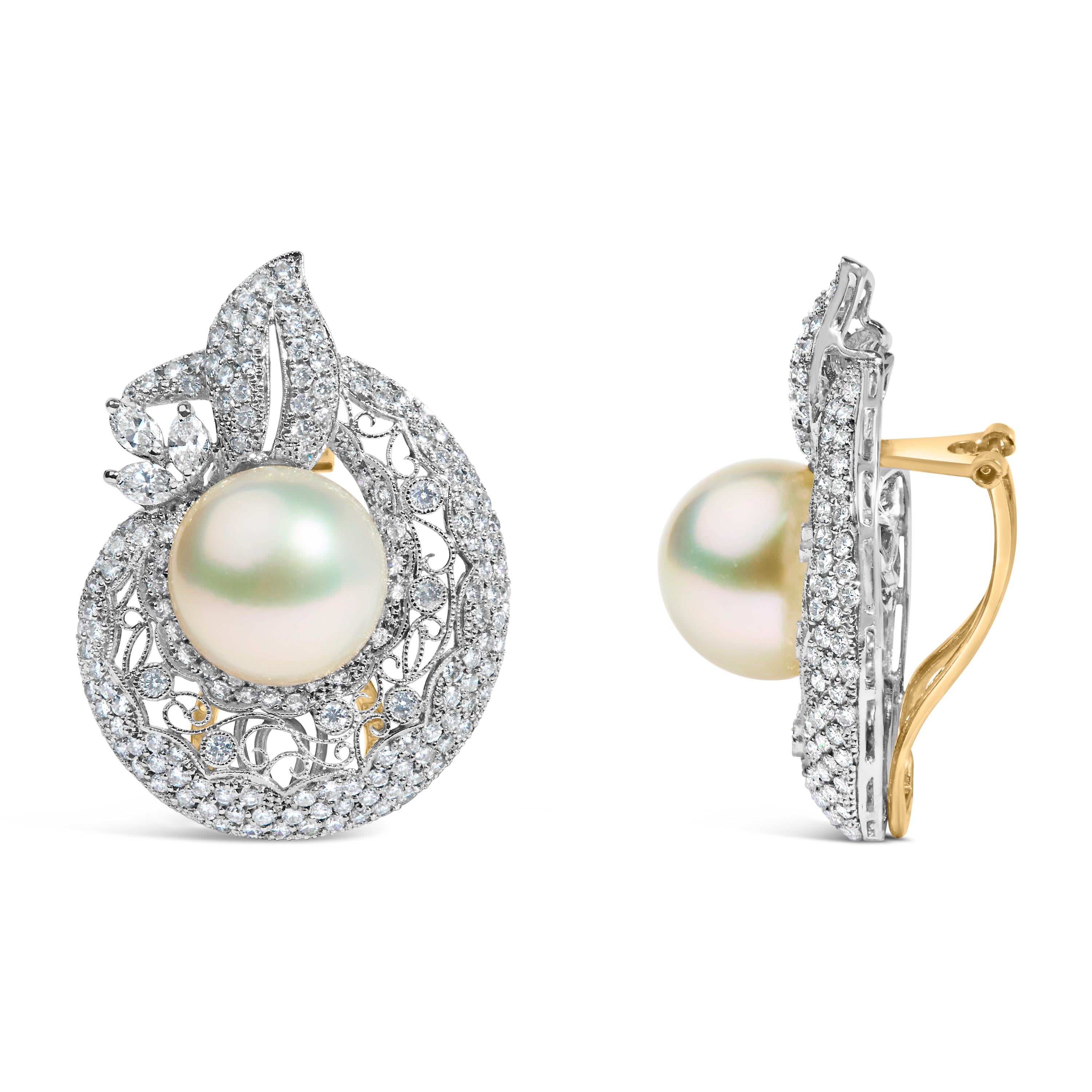 Modern 18K White and Yellow Gold 1 1/2 Cttw Diamond & Cultured Pearls Hoop Earrings For Sale
