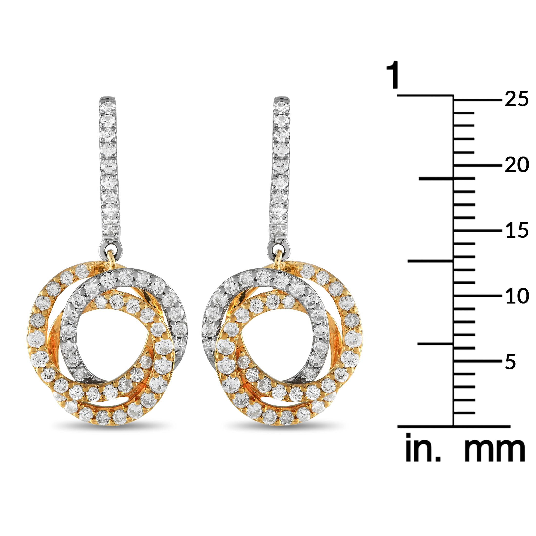 Round Cut 18K White and Yellow Gold 1.0ct Diamond Circle Drop Earrings AER-13233-WY For Sale