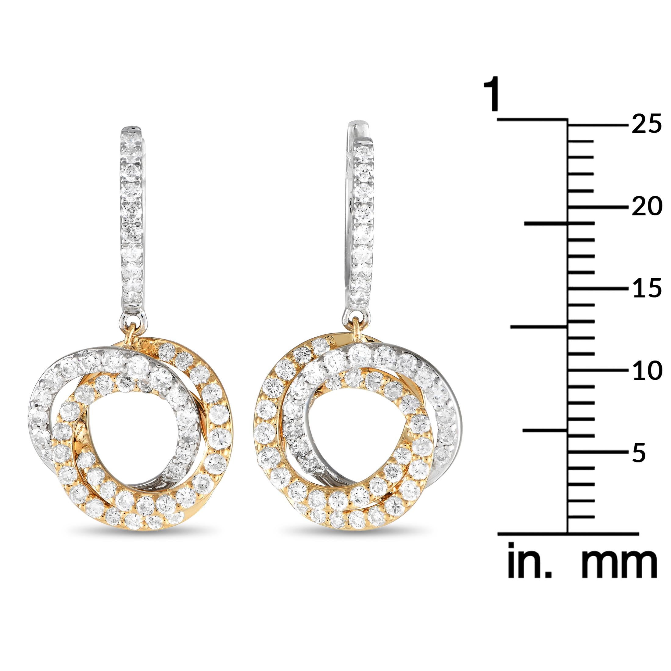Round Cut 18K White and Yellow Gold 1.0ct Diamond Drop Earrings