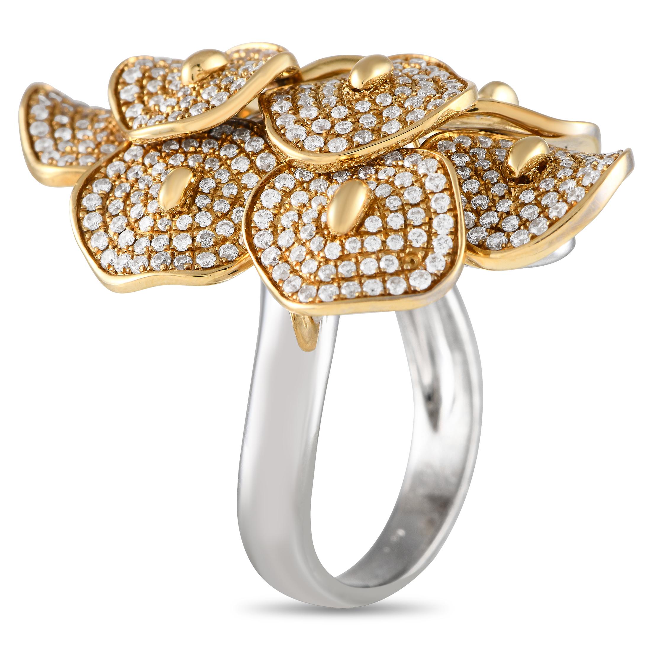 Freshen up a monochromatic ensemble with the radiant beauty of this cocktail ring. It features a polished white gold band topped with layers and layers of diamond-covered yellow gold plates. The ring's top dimensions measure 16mm by 30mm.This 18K