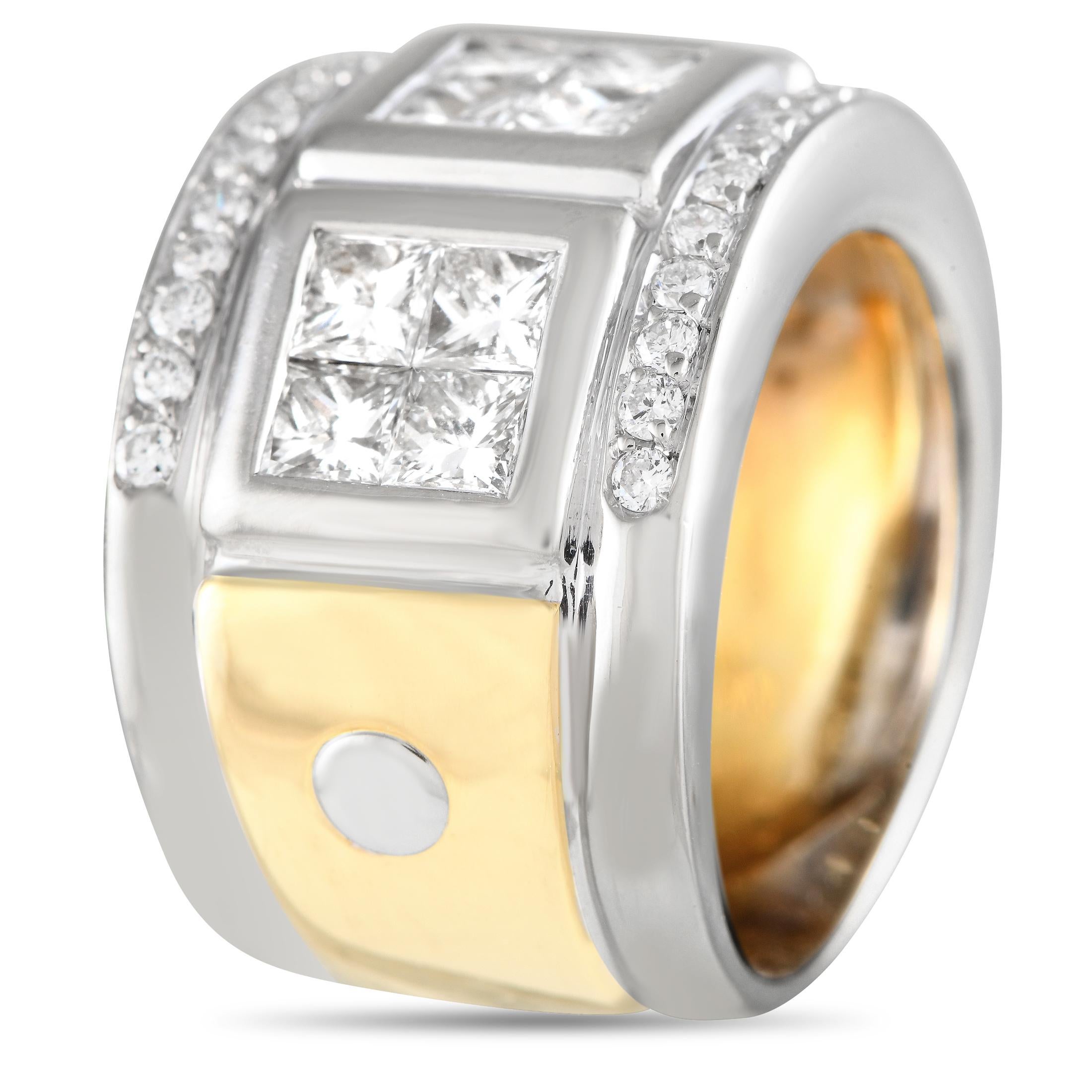 Circle gets the square in this LB Exclusive piece. A 13mm-thick two-toned band is dressed with three square frames filled with four square-cut diamonds. Round diamonds trace the ring's top edges for added shine. The ring's top dimensions measure