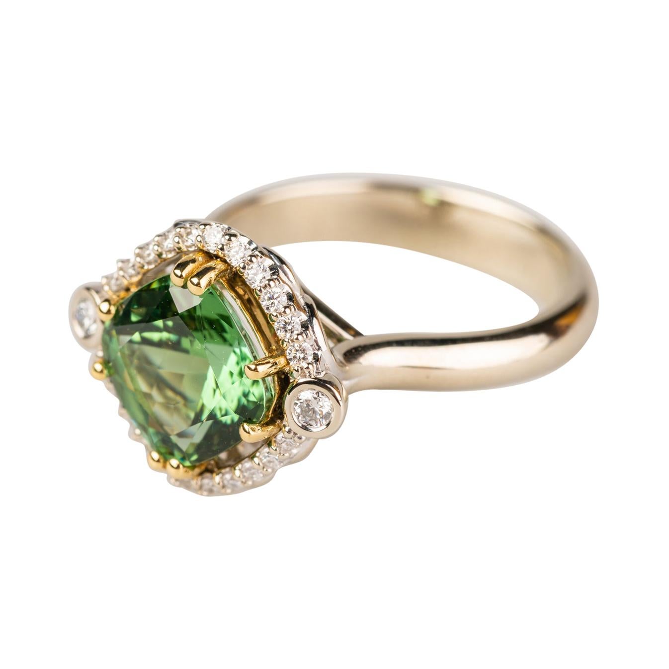 18k White and Yellow Gold 2.81 Carat Green Tourmaline Ring with a Diamond Halo For Sale