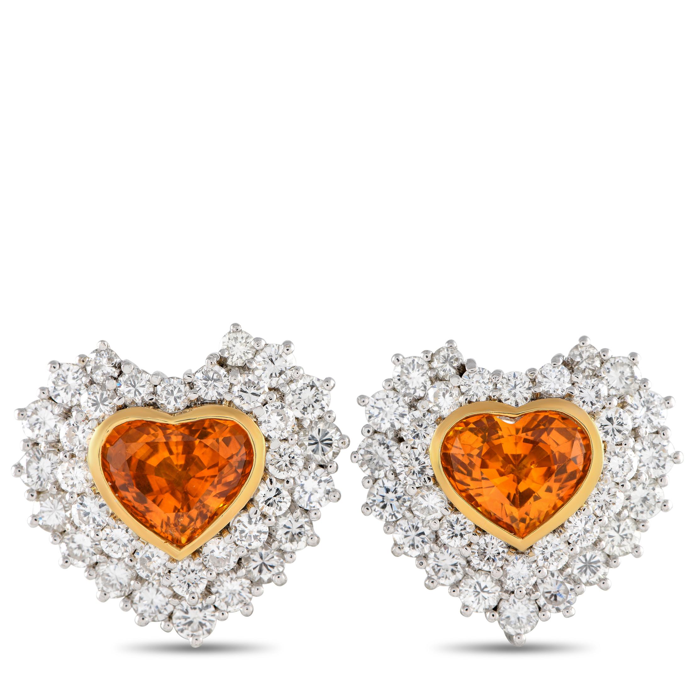 18K White and Yellow Gold 3.62ct Diamond and Sapphire Heart Earrings In Excellent Condition For Sale In Southampton, PA