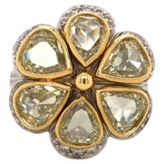 18k White and Yellow Gold 4.37ct Rose Cut Pear Shape Yellow Diamond Flower Ring