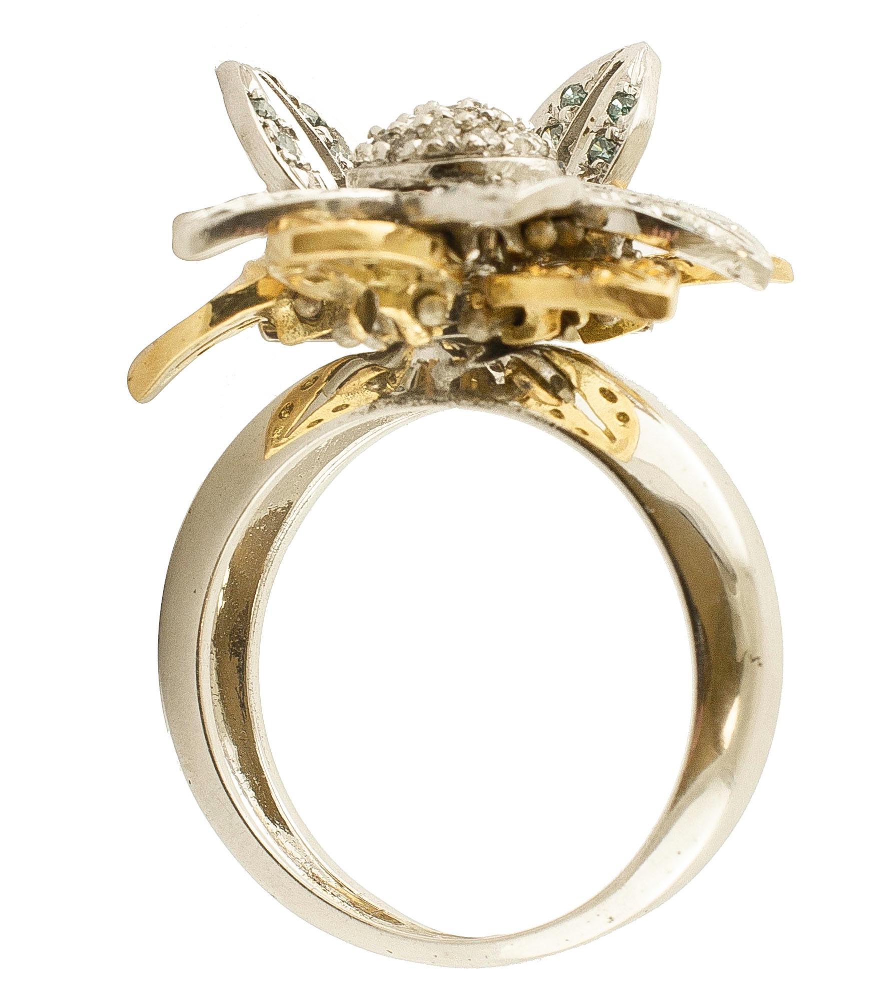 Retro 18 Karat White and Yellow Gold and Fancy Diamonds, Daisy Ring For Sale