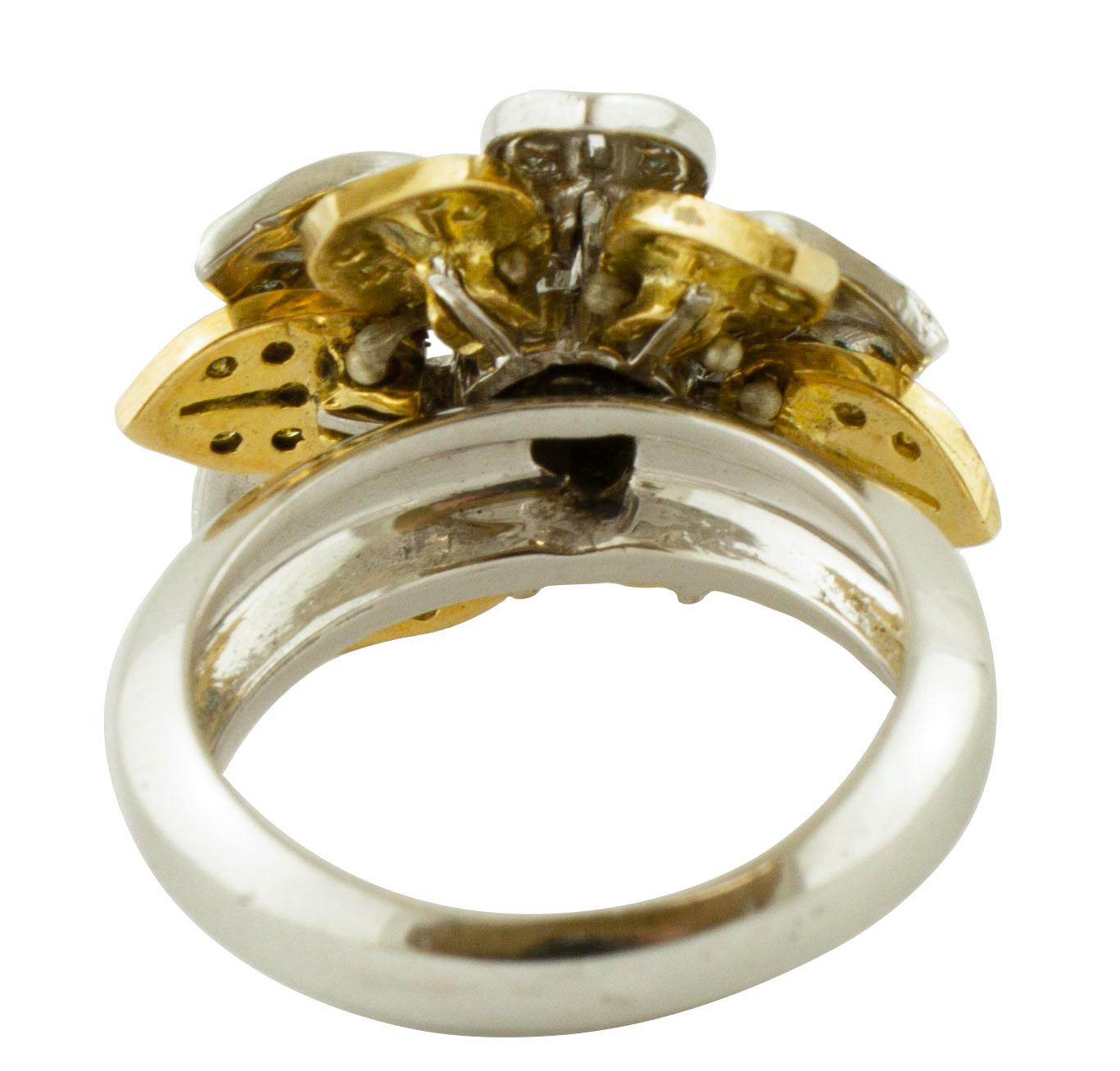 Round Cut 18 Karat White and Yellow Gold and Fancy Diamonds, Daisy Ring For Sale