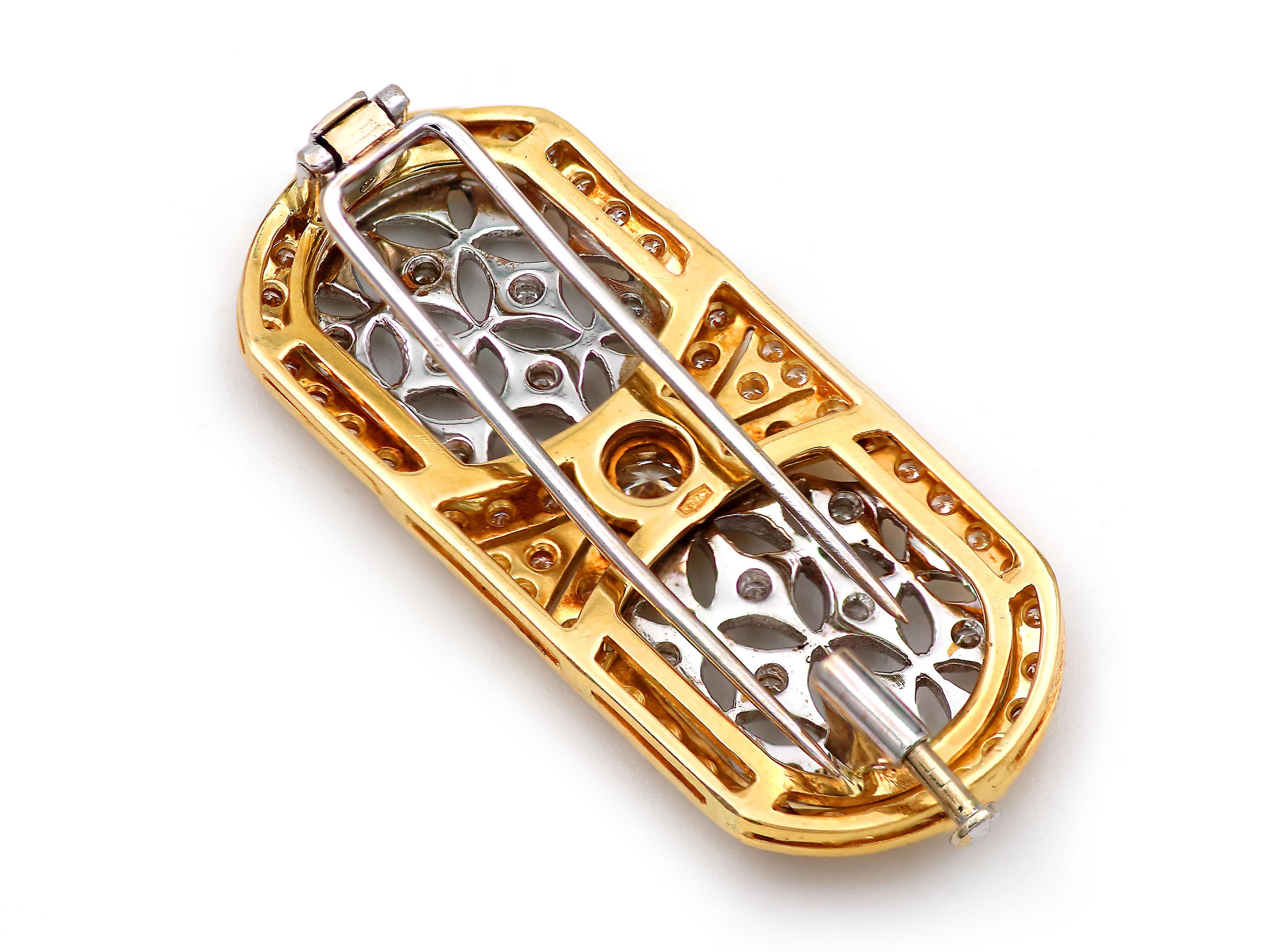 Art Deco 18k White and Yellow Gold Brooch with Diamonds For Sale