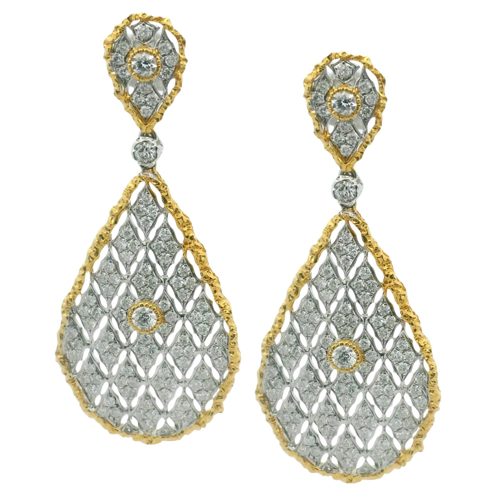 18k White And Yellow Gold Dangle Drop Earring Italian Enchaning Lace Technique