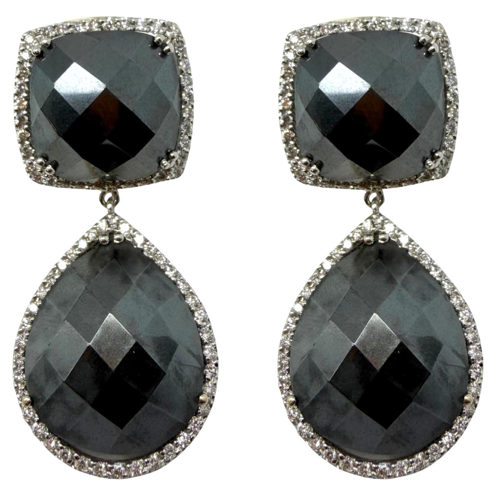 18K White and Yellow Gold Diamond and Checkered Hematite Earrings For Sale