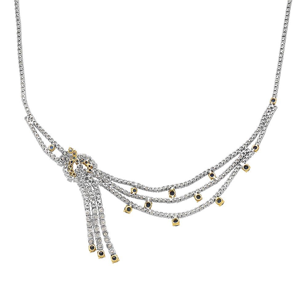 18 Karat Weiß- und Gelbgold Halskette mit Diamanten und Saphiren (Rundschliff) im Angebot