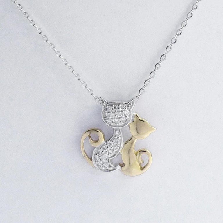 18k White and Yellow Gold Diamond Cat Charm Necklace Two Tone Diamond
