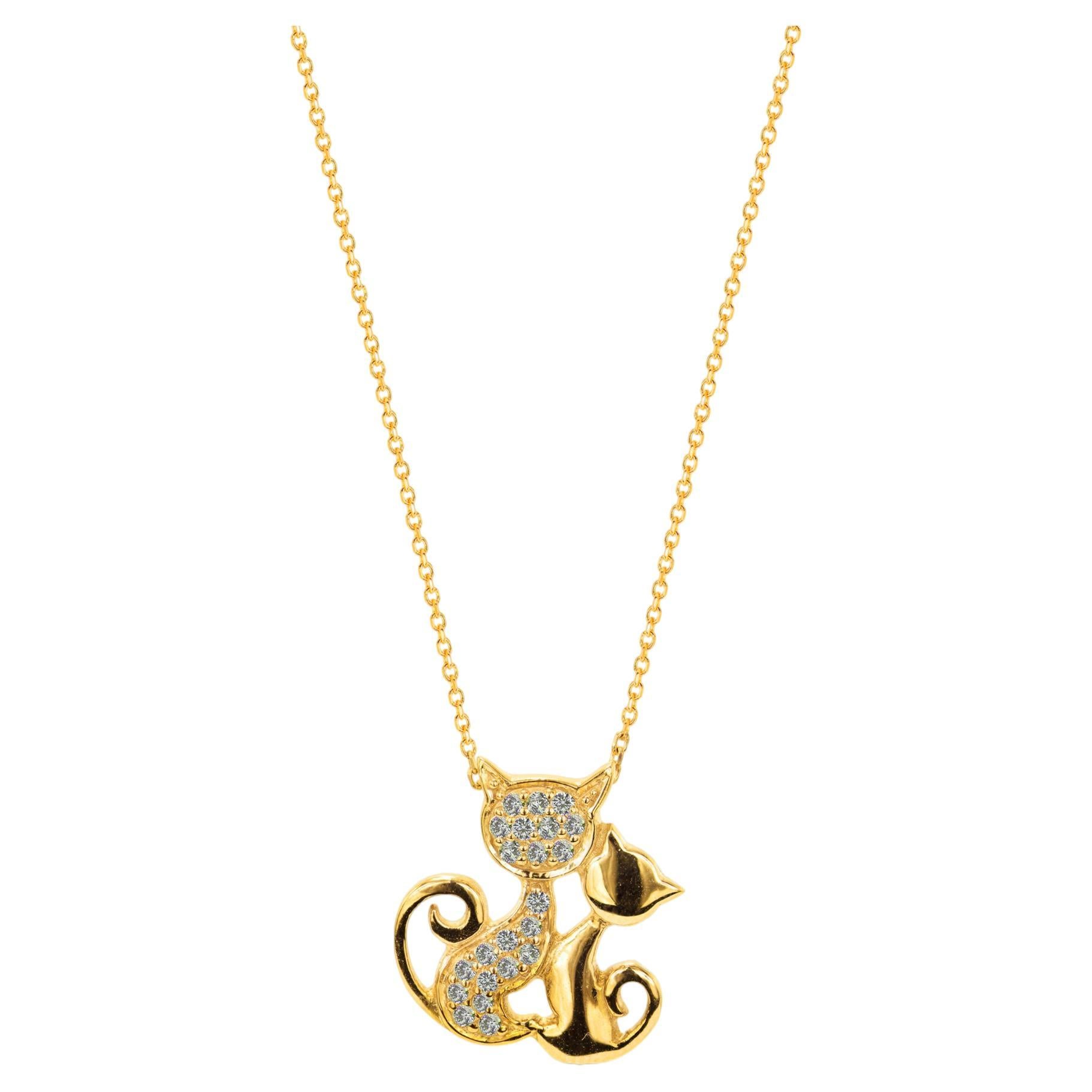 18k White and Yellow Gold Diamond Cat Charm Necklace Two Tone Diamond Necklace For Sale