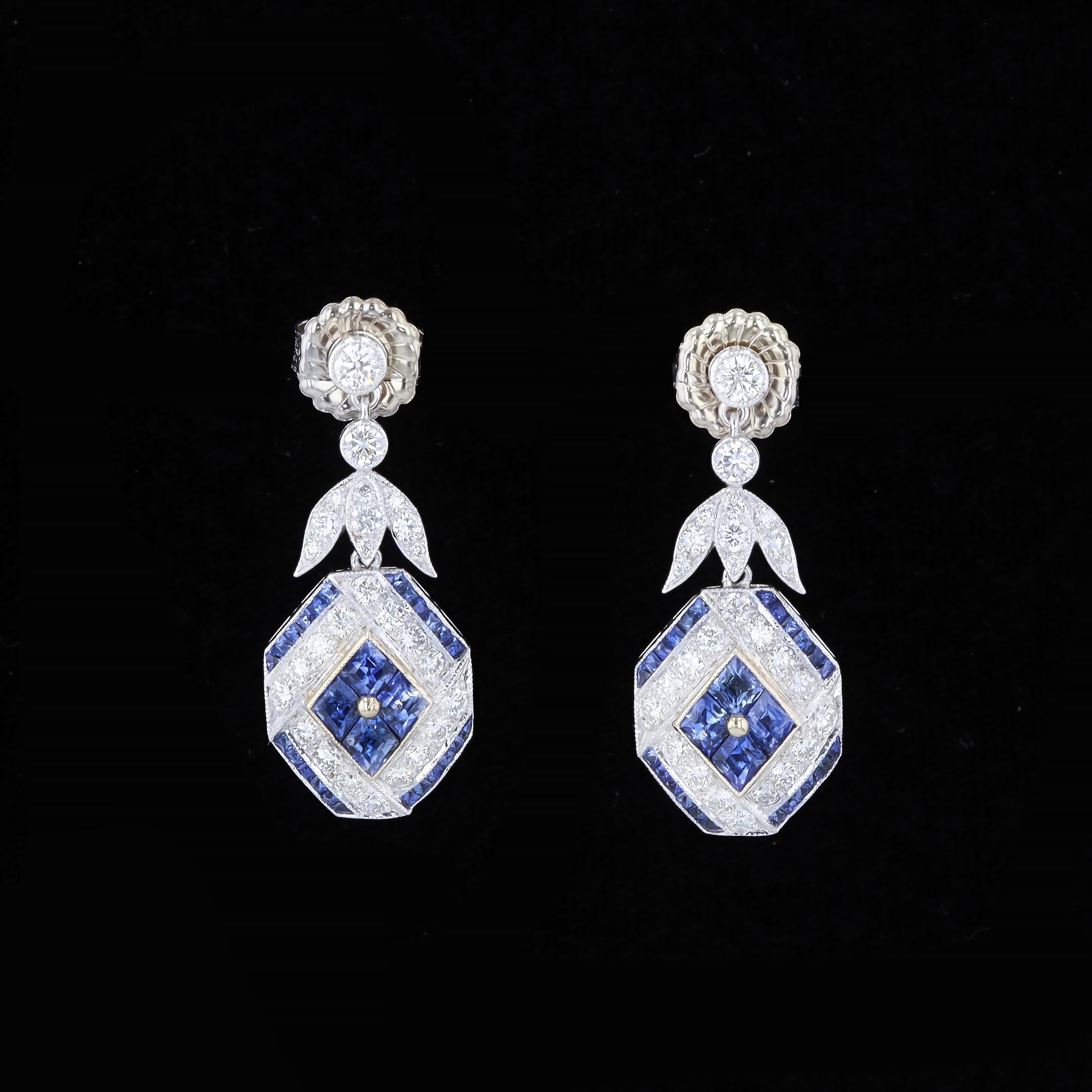 Art Deco 18K White and Yellow Gold Diamond Earrings with French Cut Sapphires For Sale