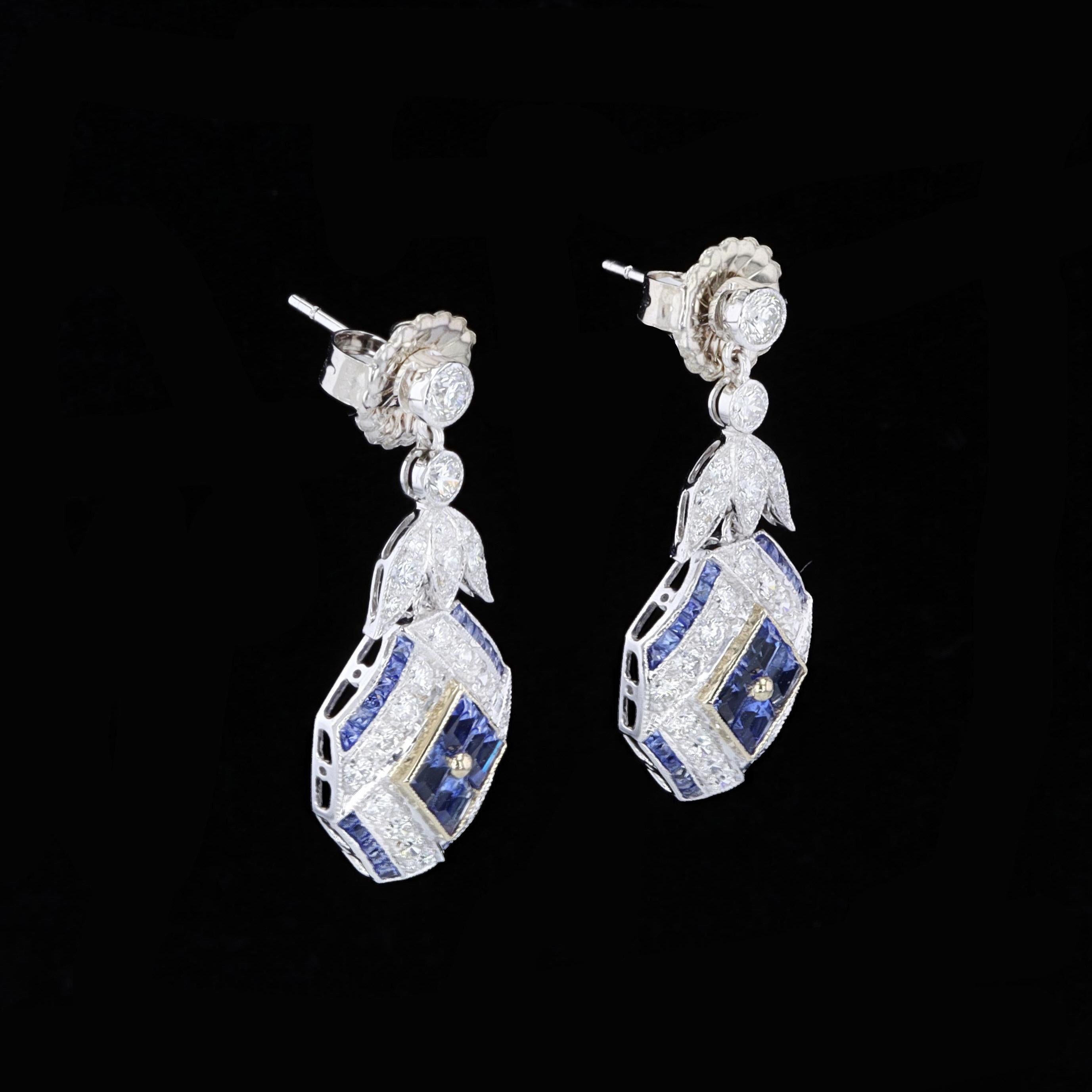 18K White and Yellow Gold Diamond Earrings with French Cut Sapphires In Excellent Condition For Sale In NEW ORLEANS, LA