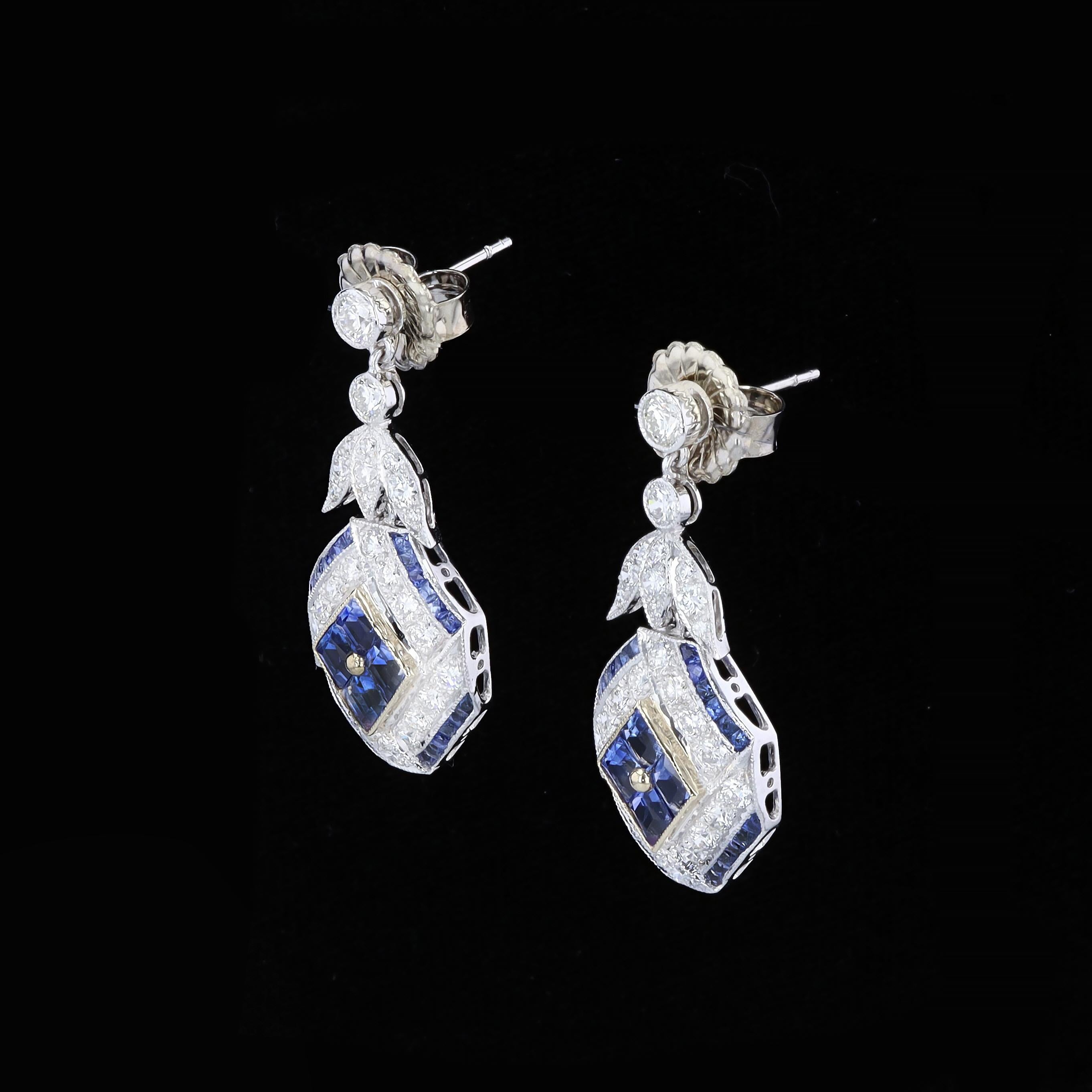 Women's 18K White and Yellow Gold Diamond Earrings with French Cut Sapphires For Sale