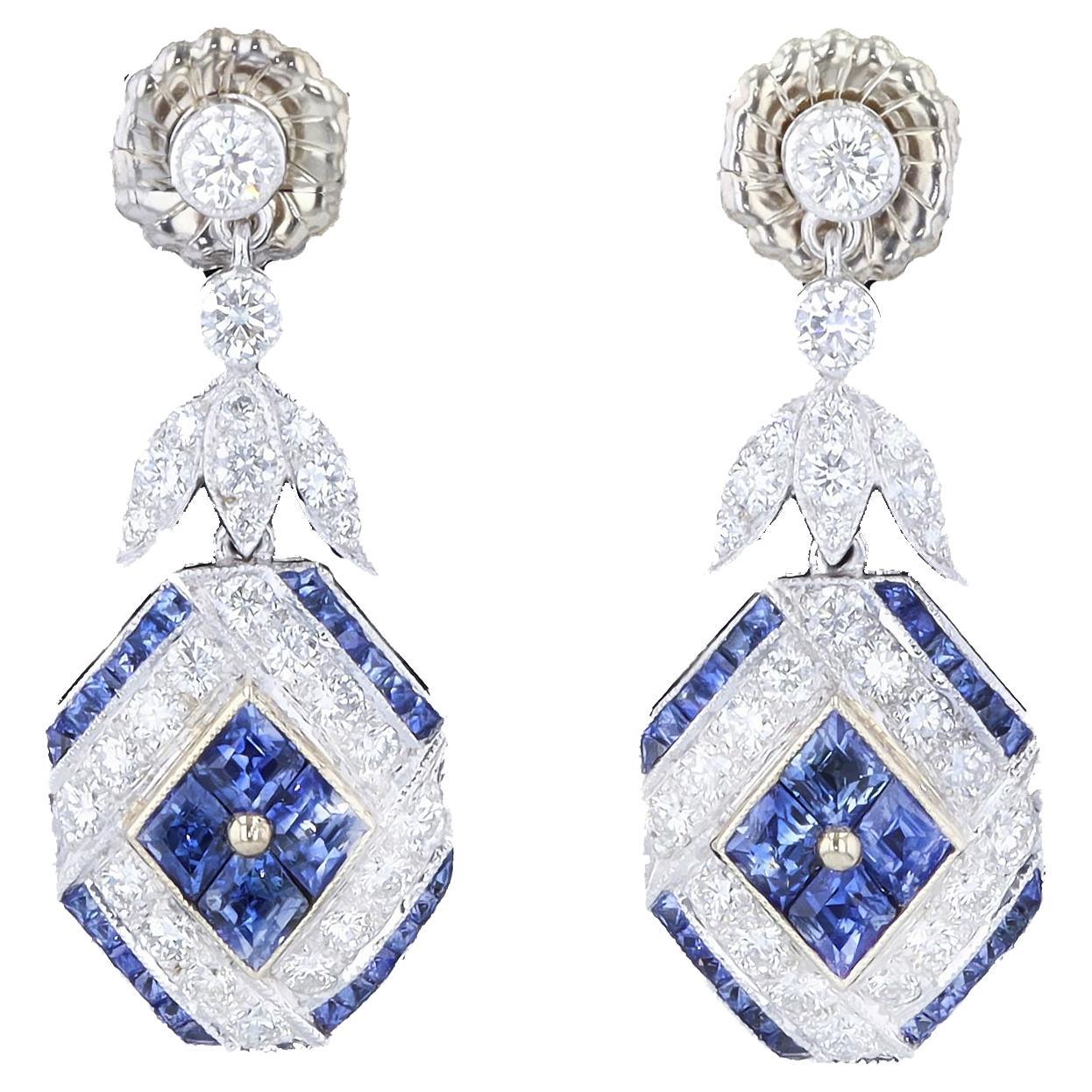 18K White and Yellow Gold Diamond Earrings with French Cut Sapphires For Sale