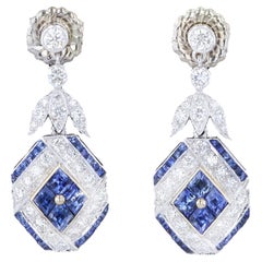 Vintage 18K White and Yellow Gold Diamond Earrings with French Cut Sapphires