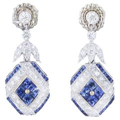 Boucles d'oreilles en or blanc et jaune 18 carats avec diamants et saphirs de taille française