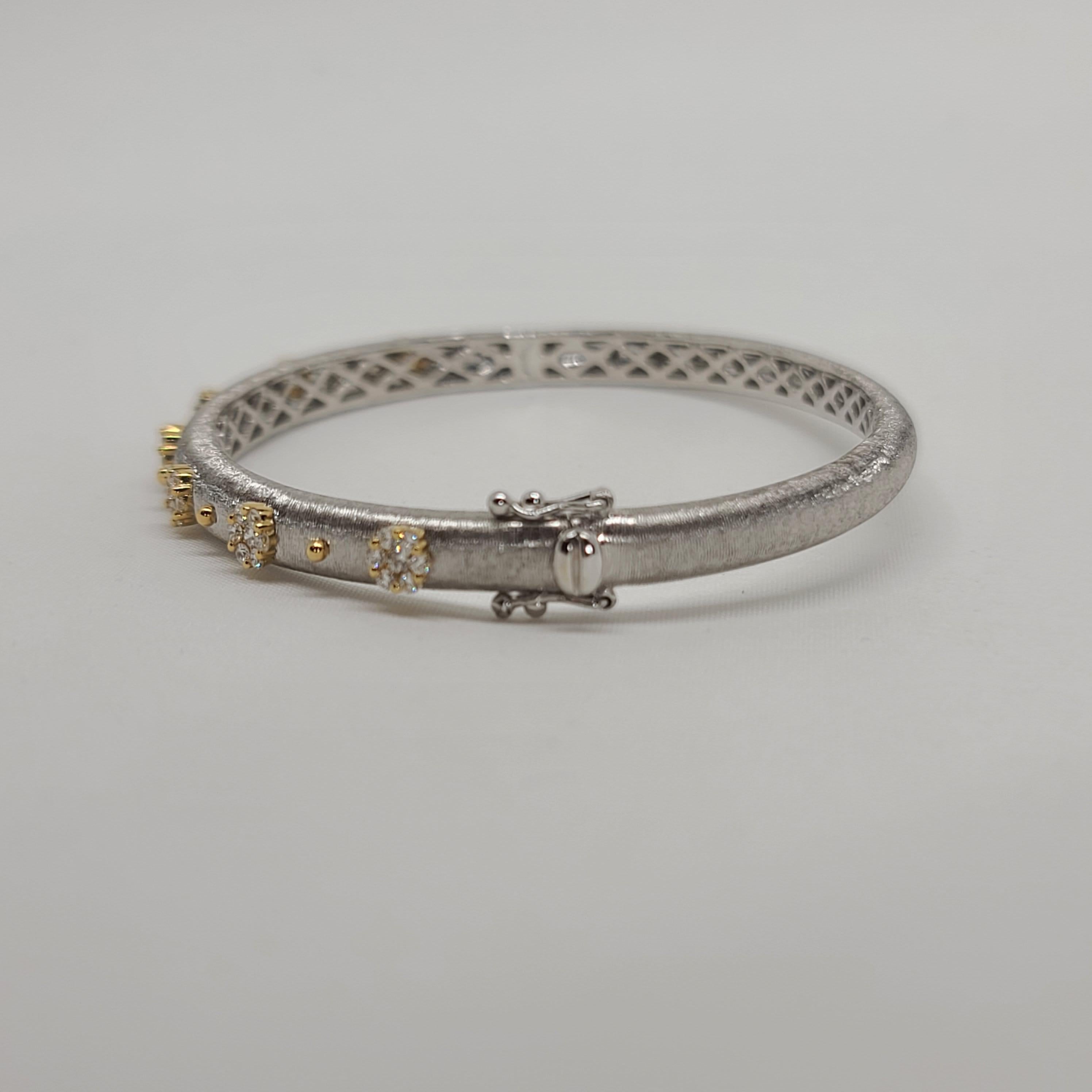 18K White and Yellow Gold Diamonds Bangle Link Bracelet in Florentine Finish 3