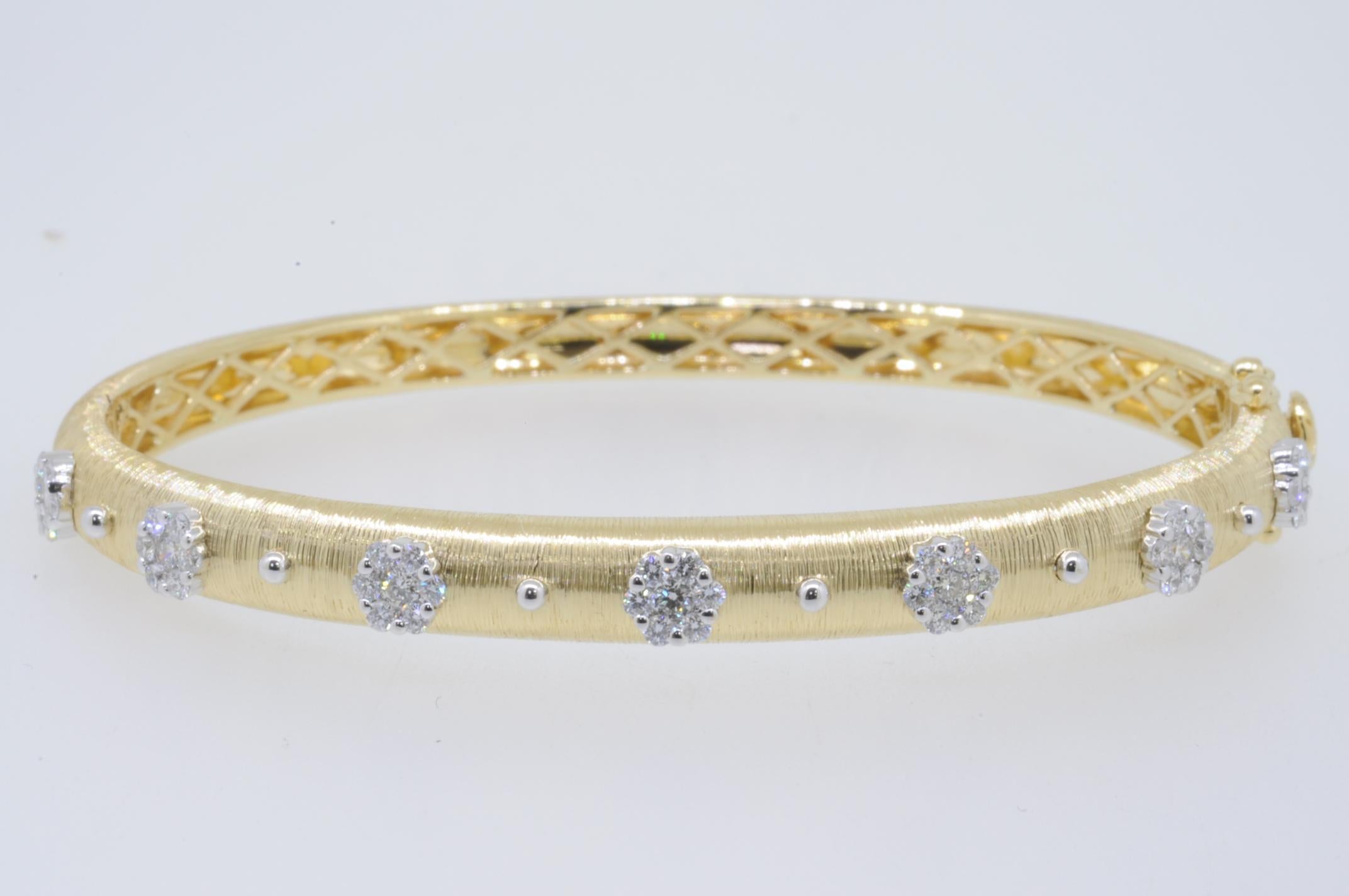 18K White and Yellow Gold Diamonds Bangle Link Bracelet in Florentine Finish 6