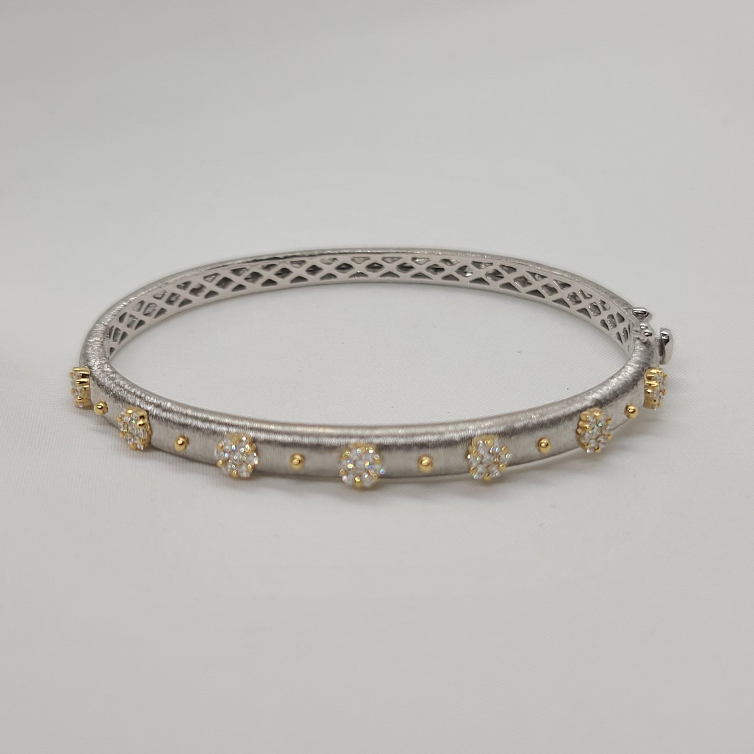 18K WHITE AND YELLOW GOLD Diamonds Bangle Link Bracelet in Florentine Finish
49 Round Diamonds - 0.69 cts
18KWY - 16.84 gm
size - 48 x 58 cm / 2.28 x 1.89 inches

This unique piece is made using the Florentine exquisite technique of feather thin
