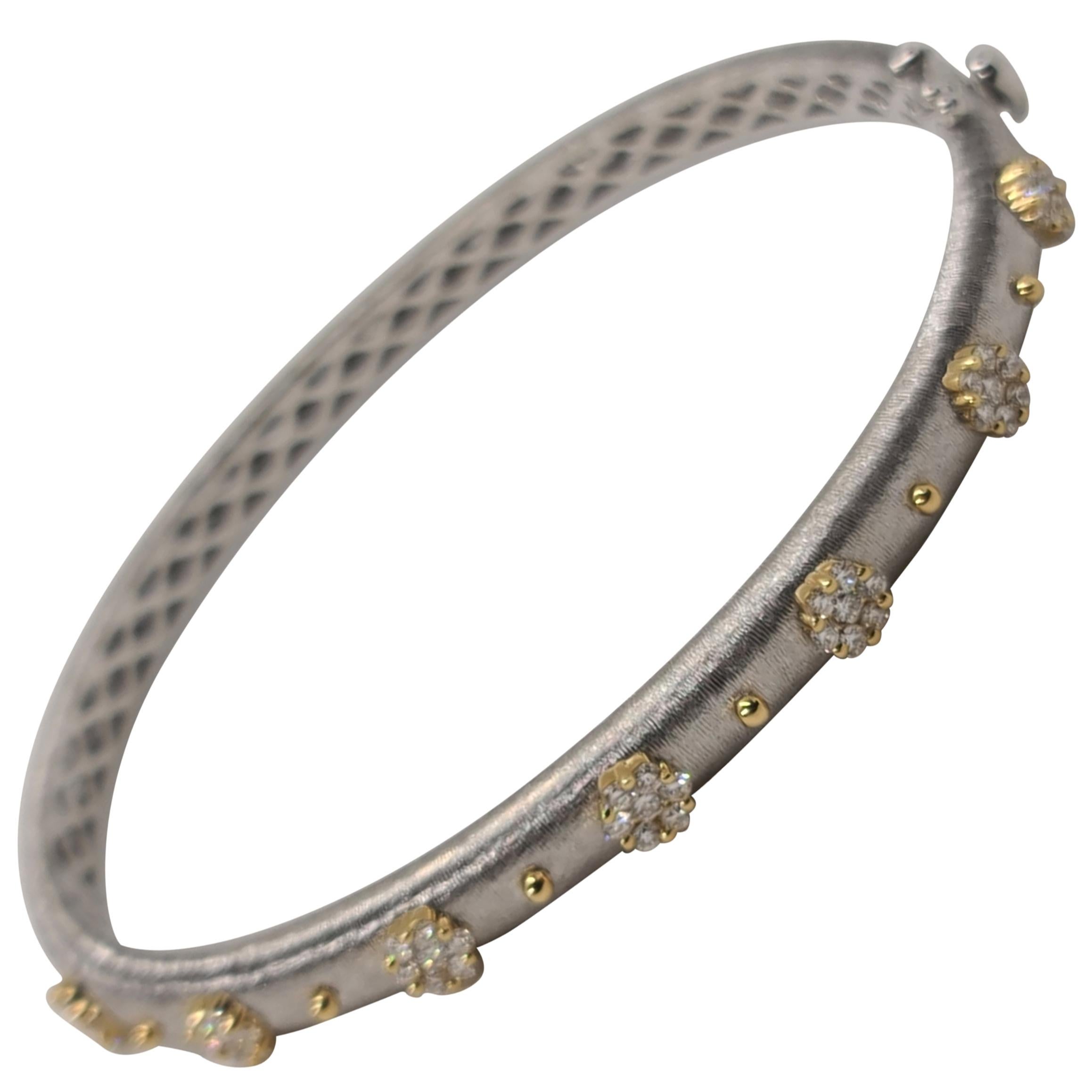 18K White and Yellow Gold Diamonds Bangle Link Bracelet in Florentine Finish