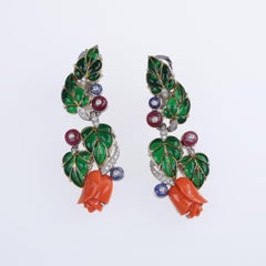 18K White and Yellow Gold Drop Earrings with Coral