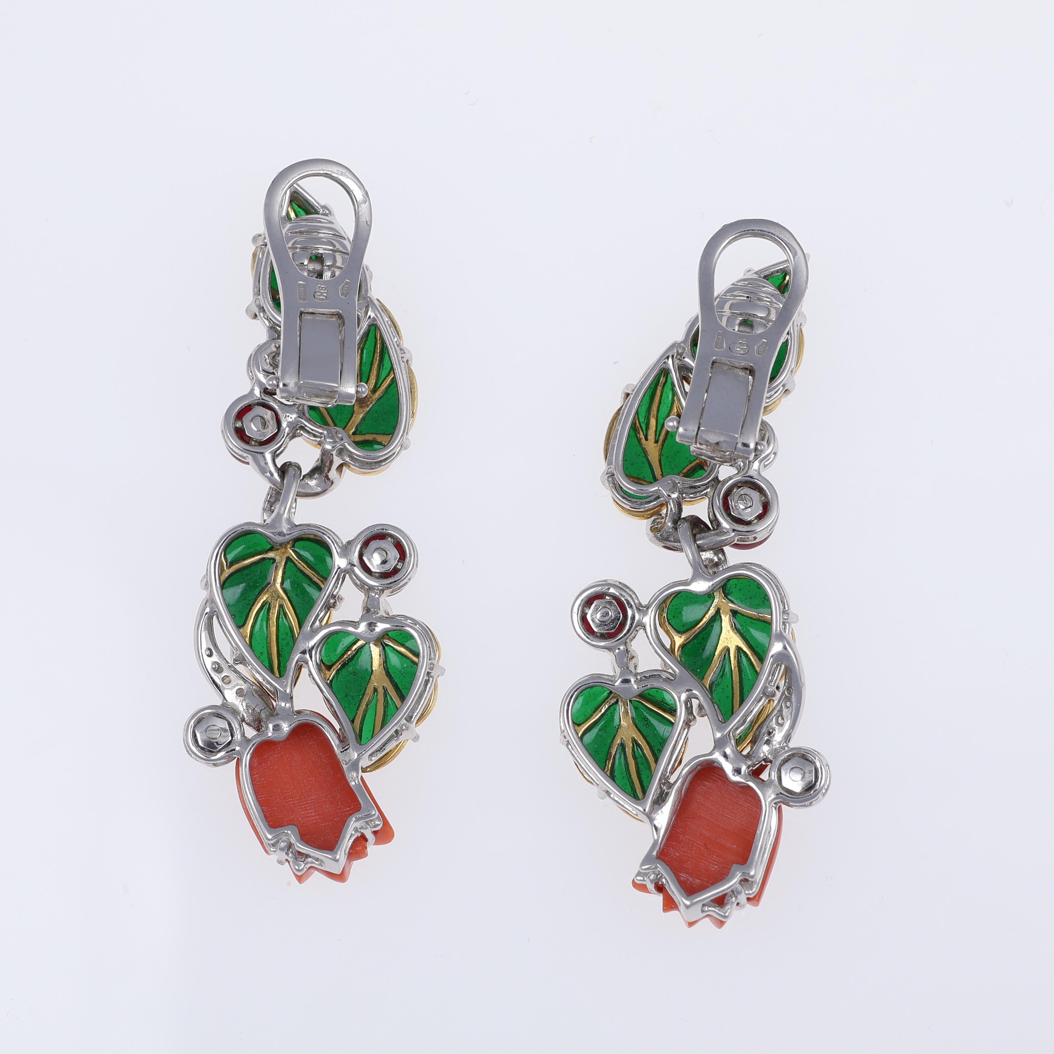 Brilliant Cut 18K White and Yellow Gold Drop Earrings with Coral For Sale