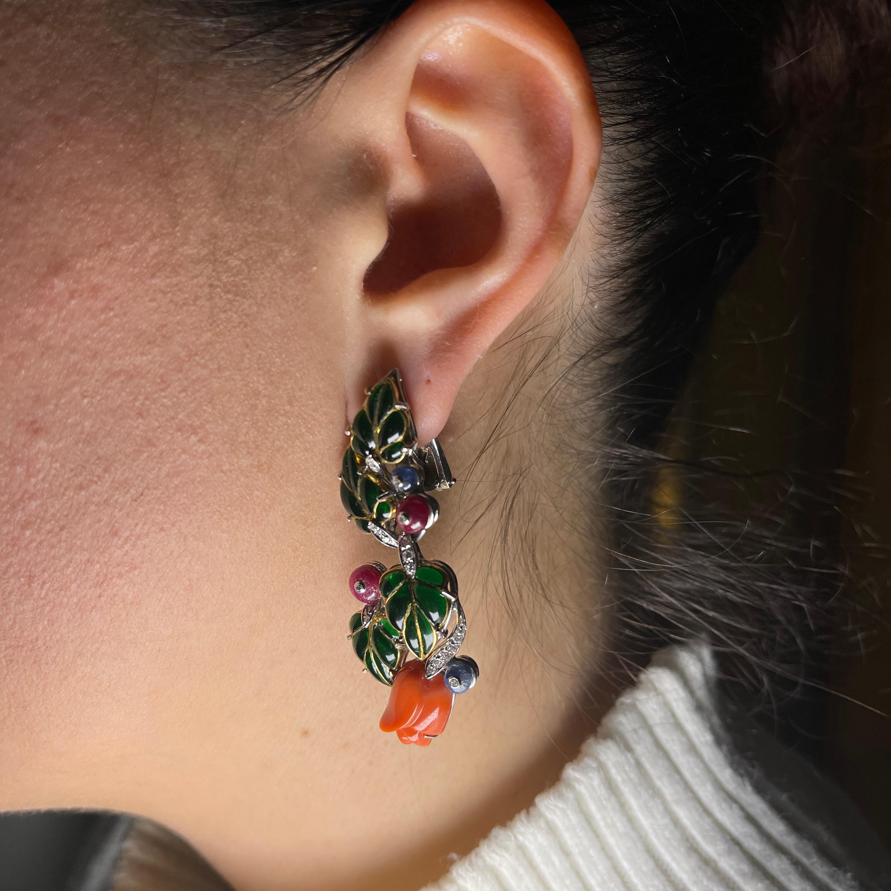 Women's or Men's 18K White and Yellow Gold Drop Earrings with Coral For Sale