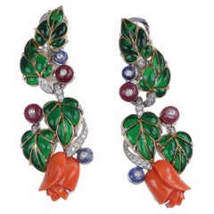 18K White and Yellow Gold Drop Earrings with Coral