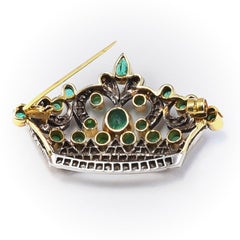 18k White and Yellow Gold Early 1900s Crown Brooch with Emeralds and Diamonds