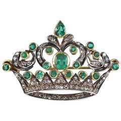 Antique 18k White and Yellow Gold Early 1900s Crown Brooch with Emeralds and Diamonds