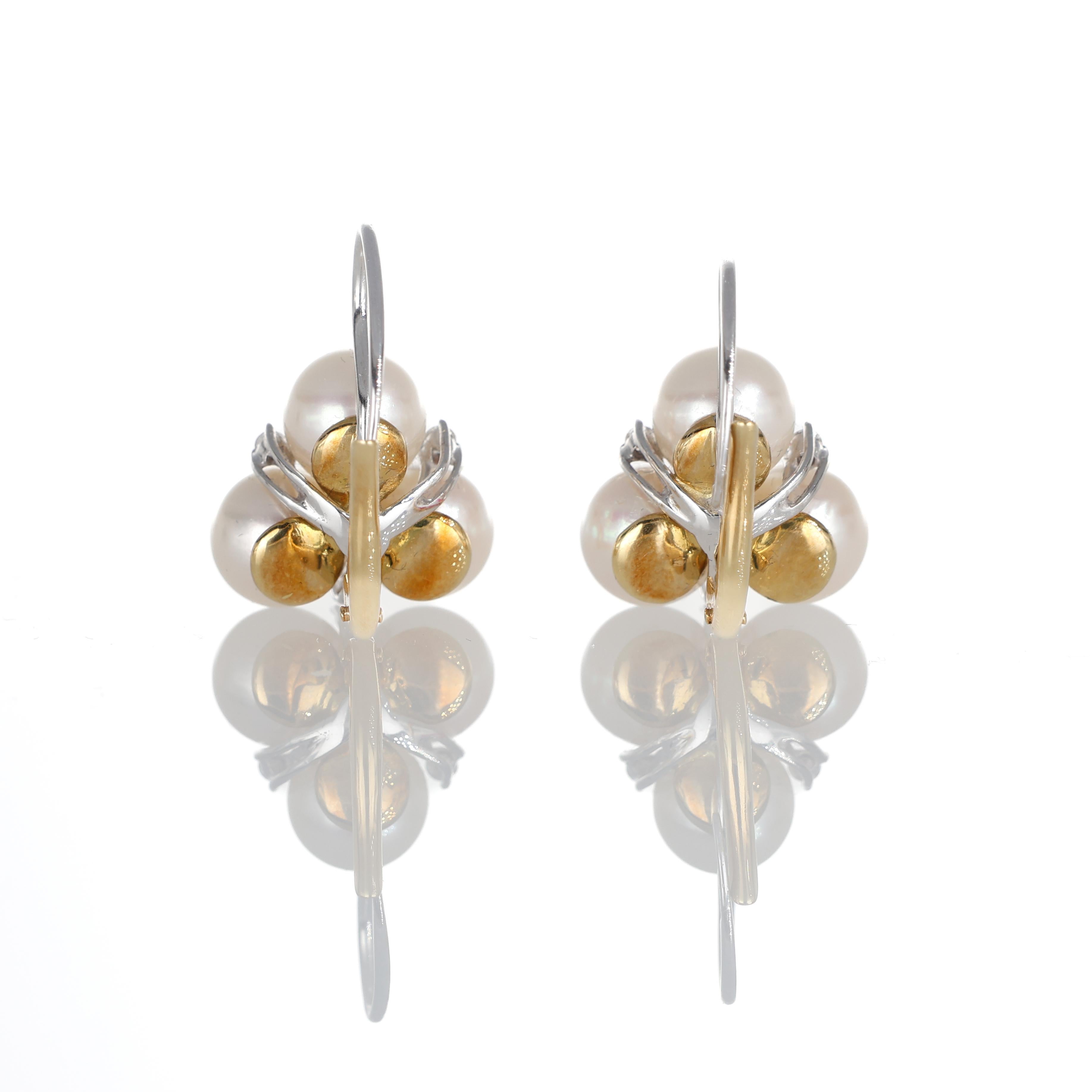 Brilliant Cut 18K White and Yellow Gold Earrings with Diamonds and Pearls For Sale