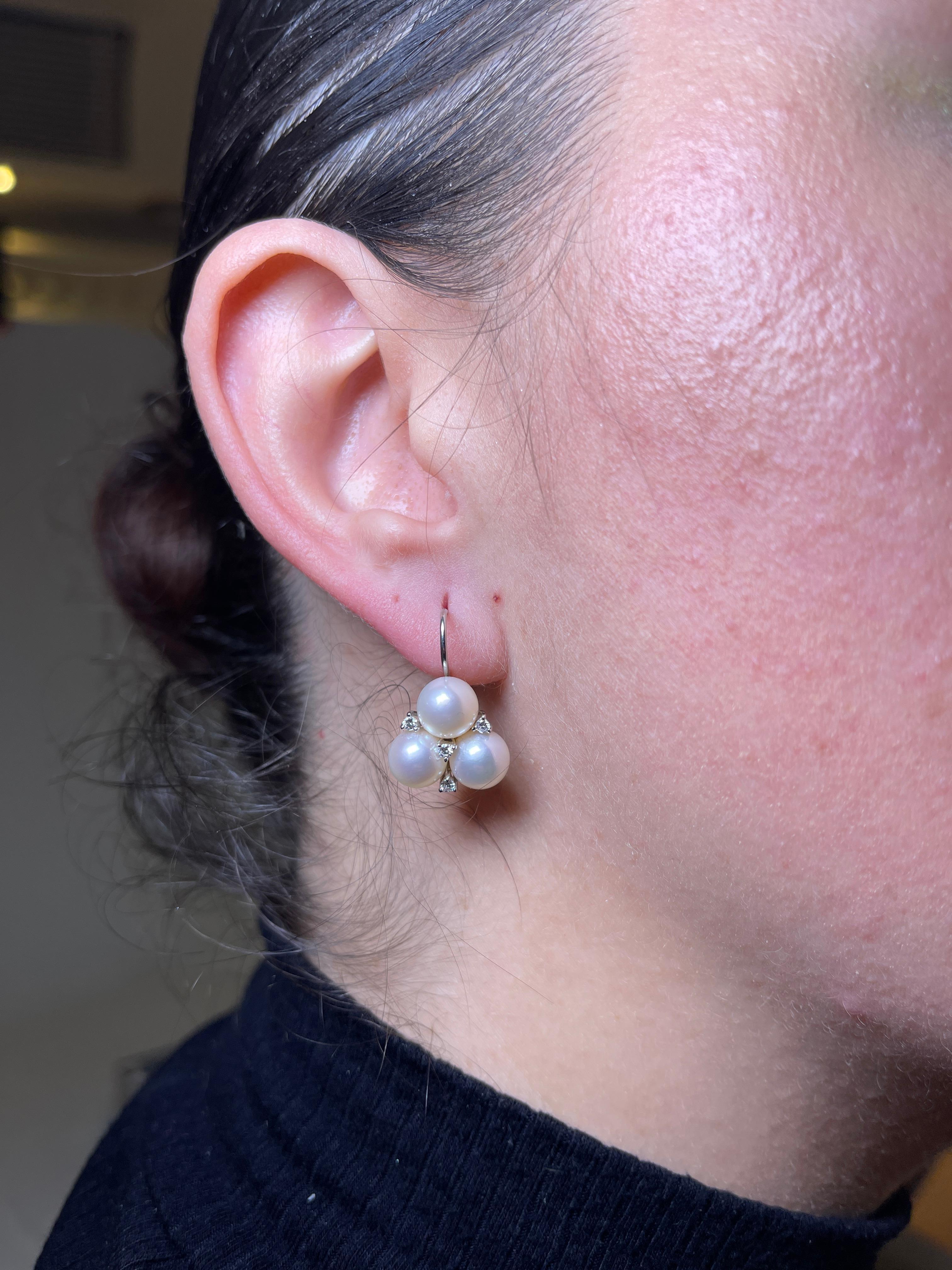 Women's or Men's 18K White and Yellow Gold Earrings with Diamonds and Pearls For Sale