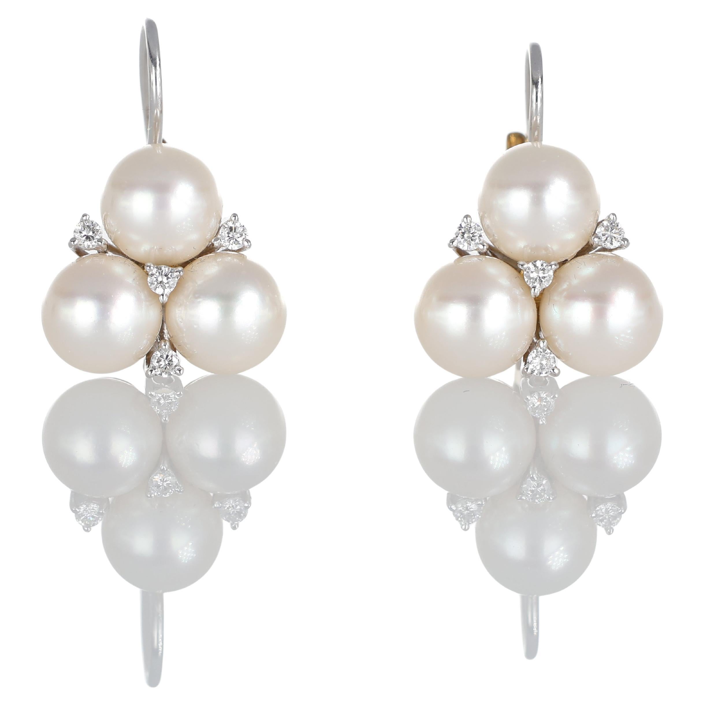 18K White and Yellow Gold Earrings with Diamonds and Pearls For Sale