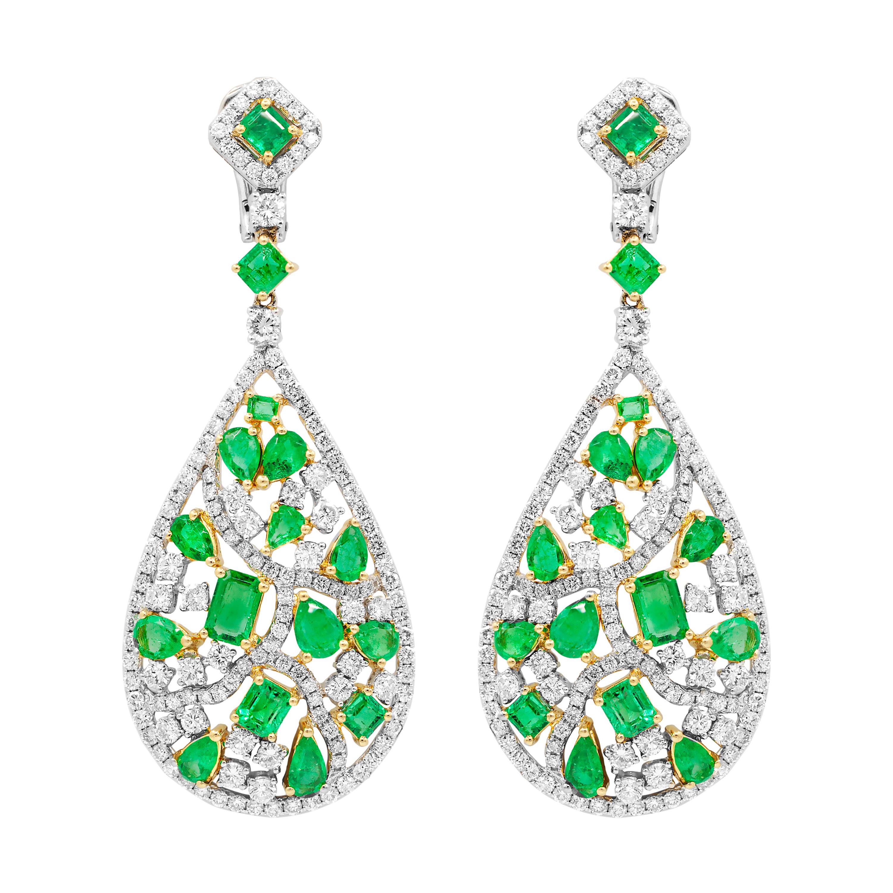 Diana M. 18k White and Yellow Gold Earrings with Emeralds and Diamonds For Sale