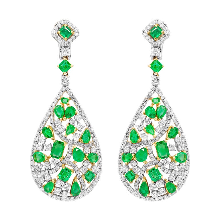 18k White and Yellow Gold Earrings with Green Emeralds and 8.75 Cts ...