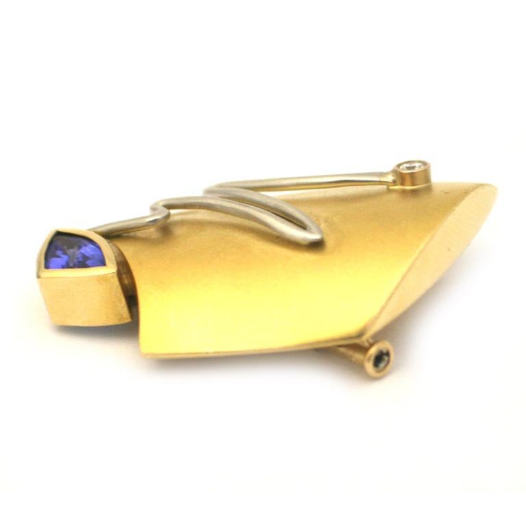 Modern 18k White and Yellow Gold Fashion Brooch by “Susan” with Tanzanite and Diamond
