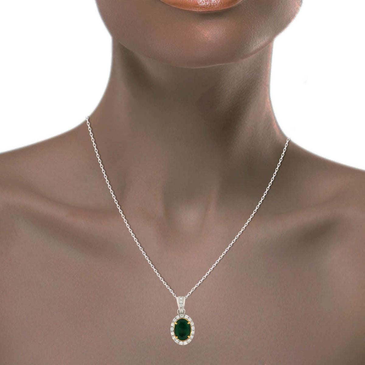 18k White and Yellow Gold Green Emerald Oval & Diamond Halo Pendant 3 1/2 Carat In New Condition For Sale In San Francisco, CA