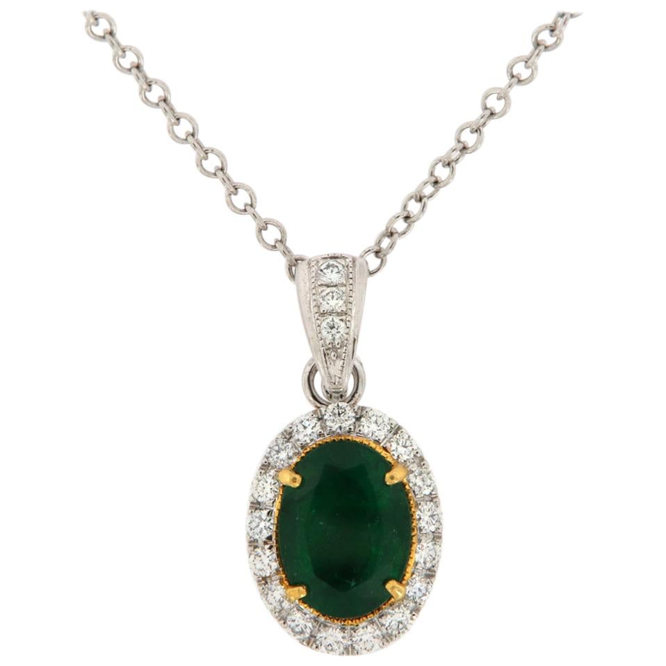 18k White and Yellow Gold Green Emerald Oval & Diamond Halo Pendant 3 1/2 Carat For Sale