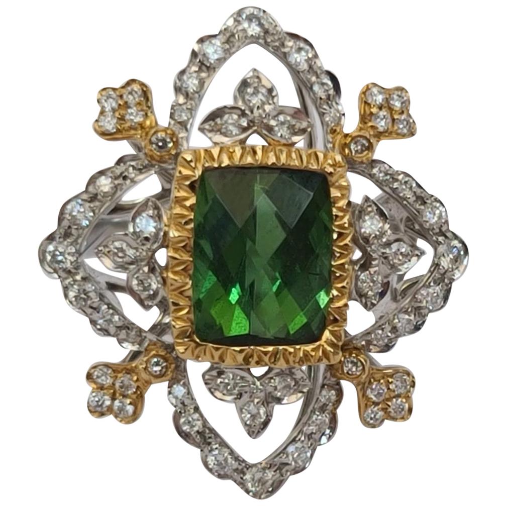 Anello Cocktail con tormalina naturale verde e diamanti in oro bianco e giallo 18 carati