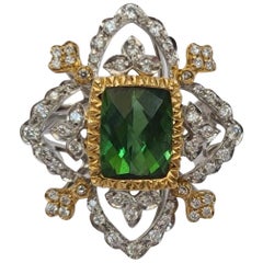Anello Cocktail con tormalina naturale verde e diamanti in oro bianco e giallo 18 carati