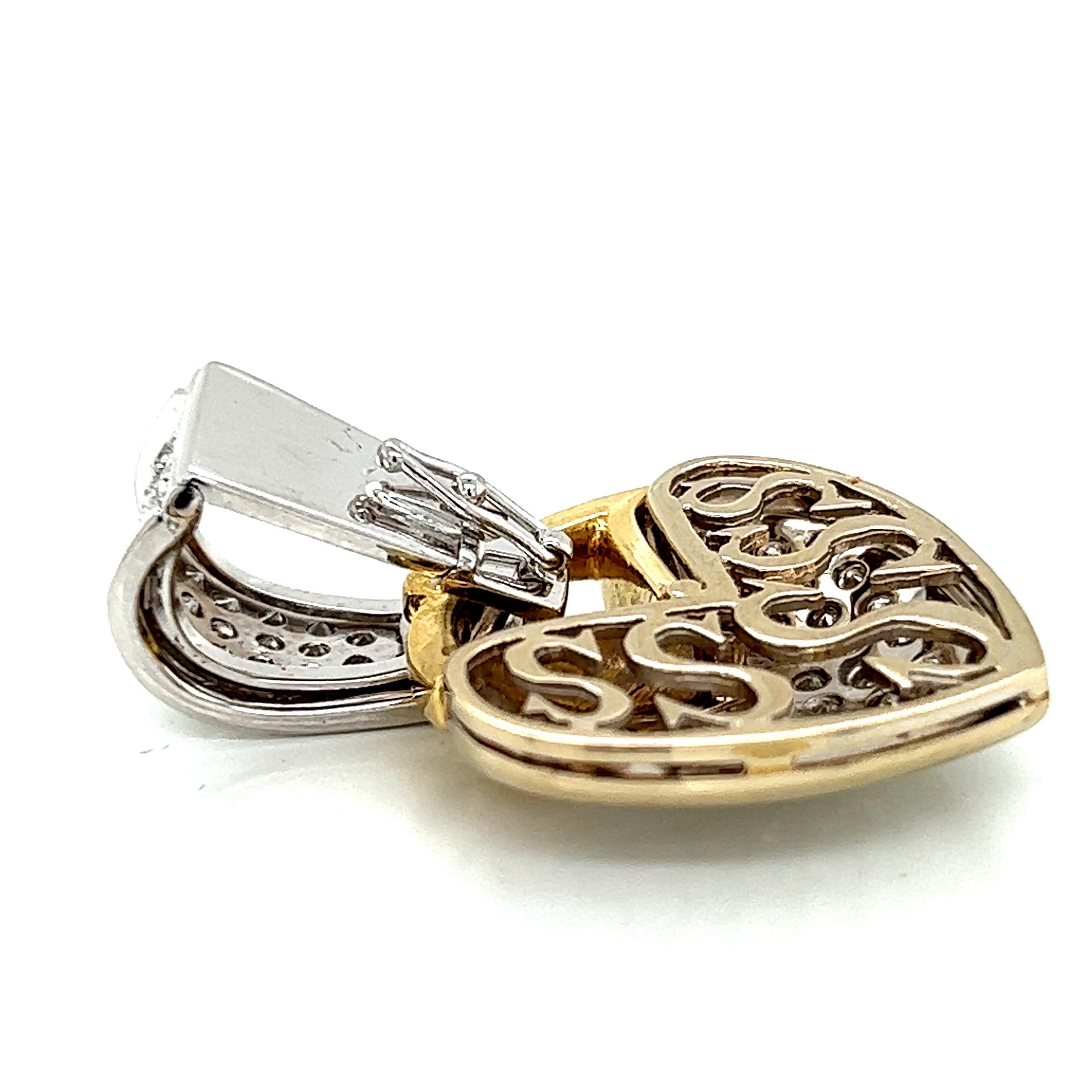 Women's or Men's 18k White and Yellow Gold Heart Pendant with White Diamonds For Sale
