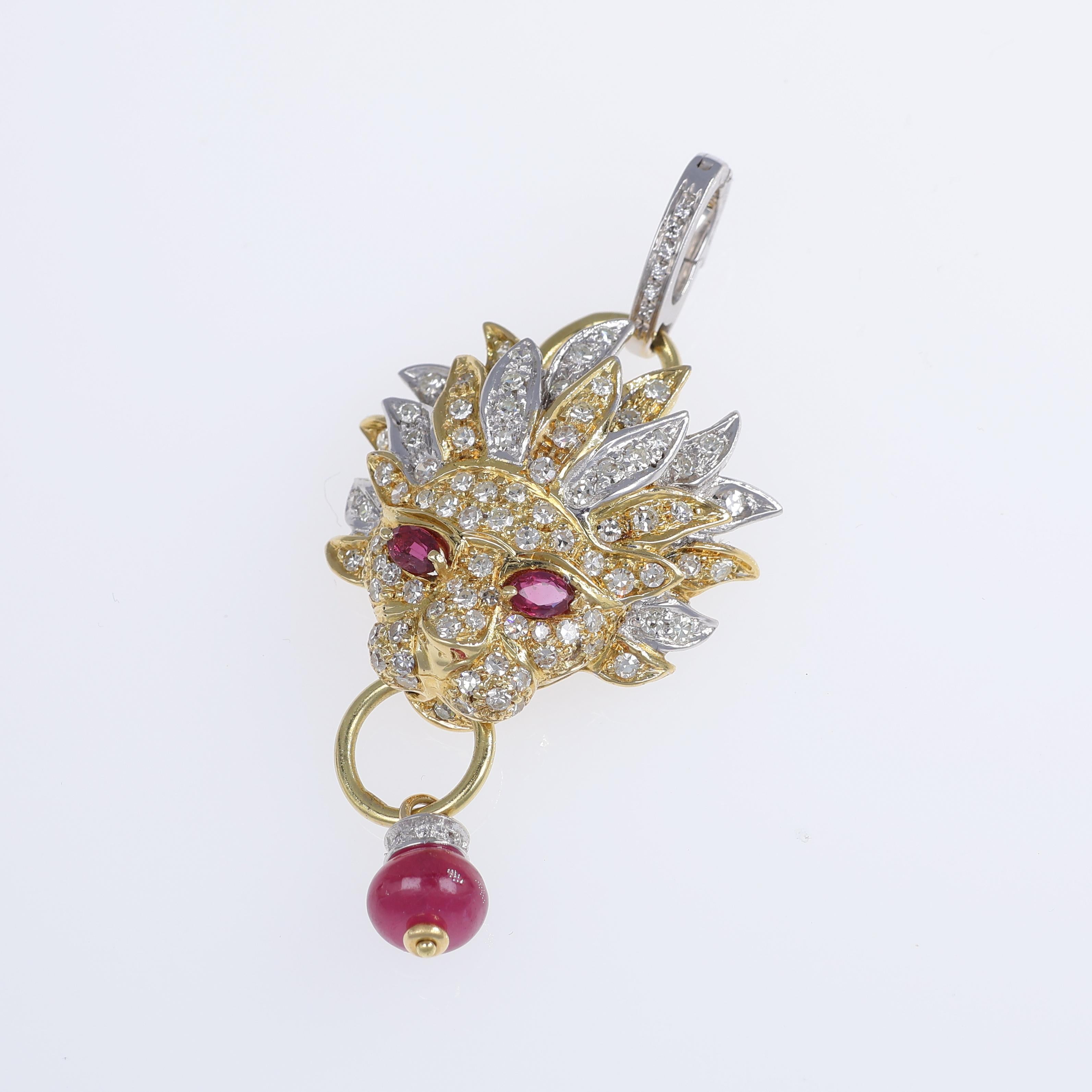 Brilliant Cut 18K White and Yellow Gold Lion Pendant with Diamonds and Rubies For Sale
